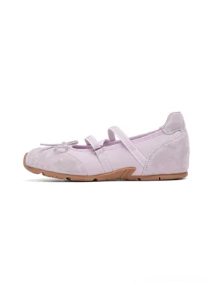 Lavender pink bow Mary Jane ballet sneakers side profile with dual crossover straps and brown gum rubber sole