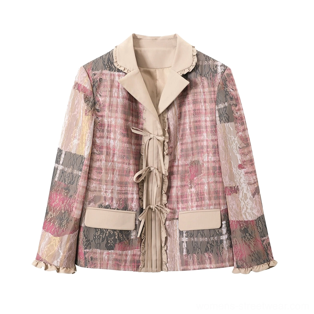 Pink-brown plaid oversized blazer with beige contrast lapels and pleated details from the matching streetwear set