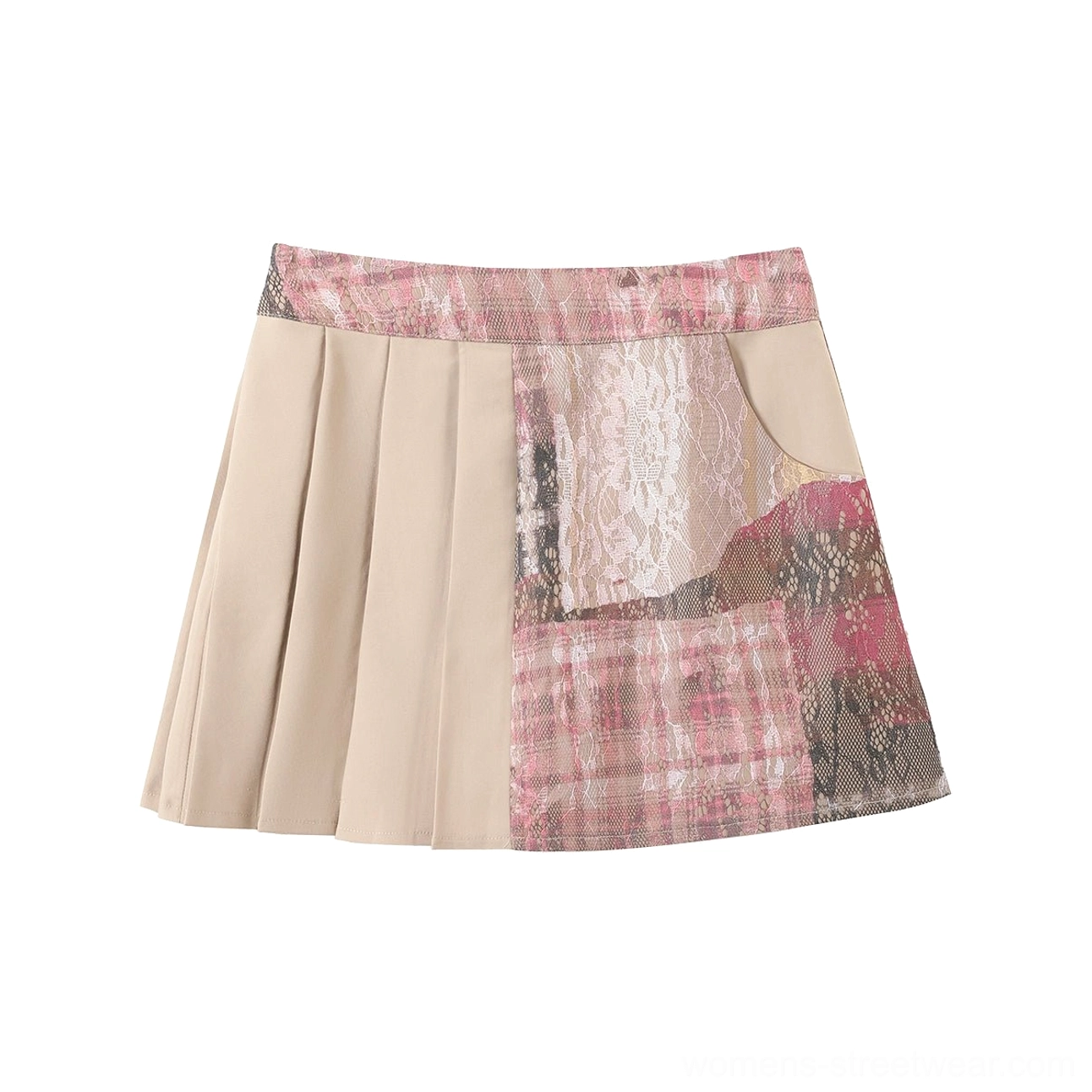 Pink-brown plaid pleated mini skirt designed to coordinate with the oversized blazer in a Korean streetwear outfit