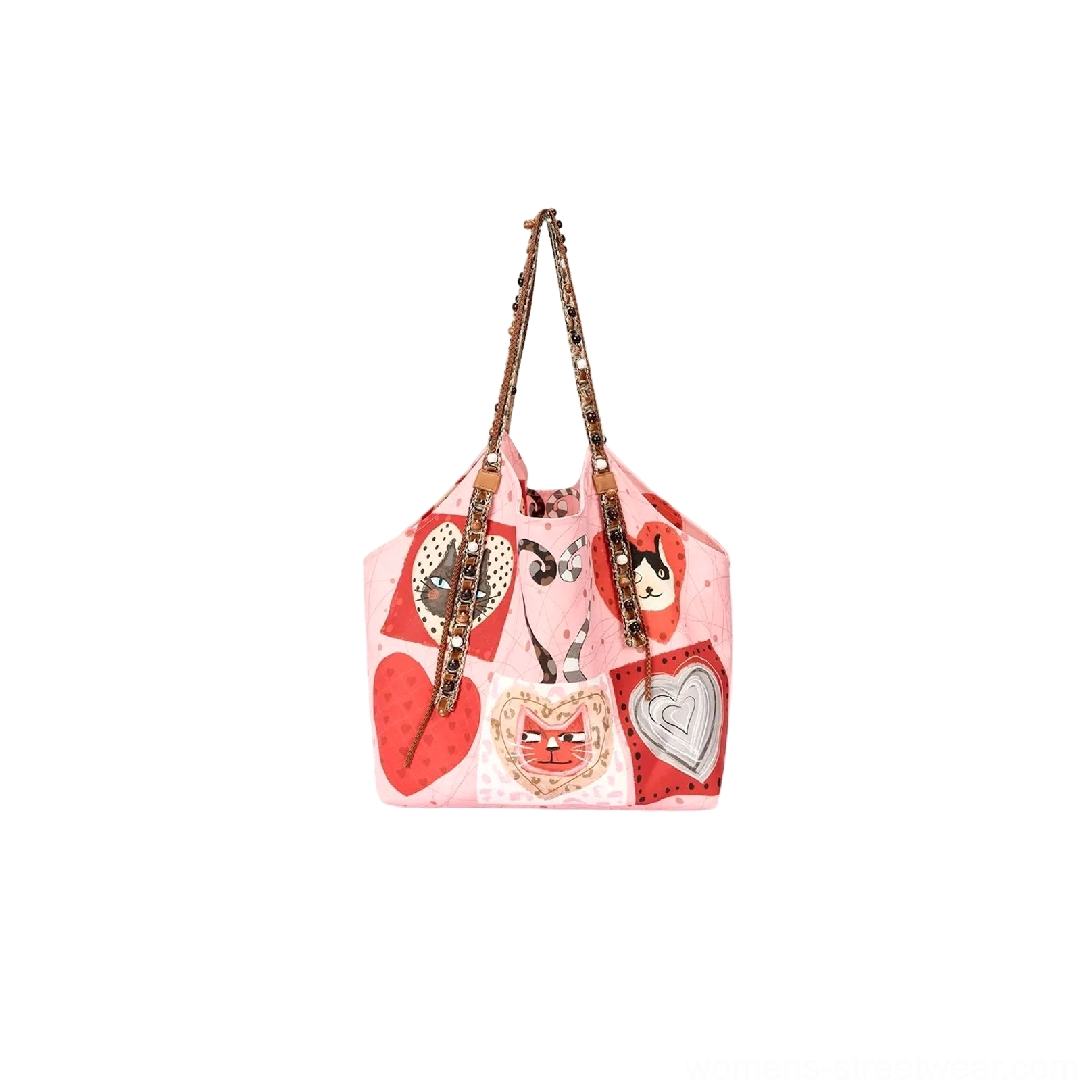 Pink Candy Hearts Kitty patchwork tote bag product image featuring illustrated cat hearts, decorative silver heart motifs, and long braided beaded straps