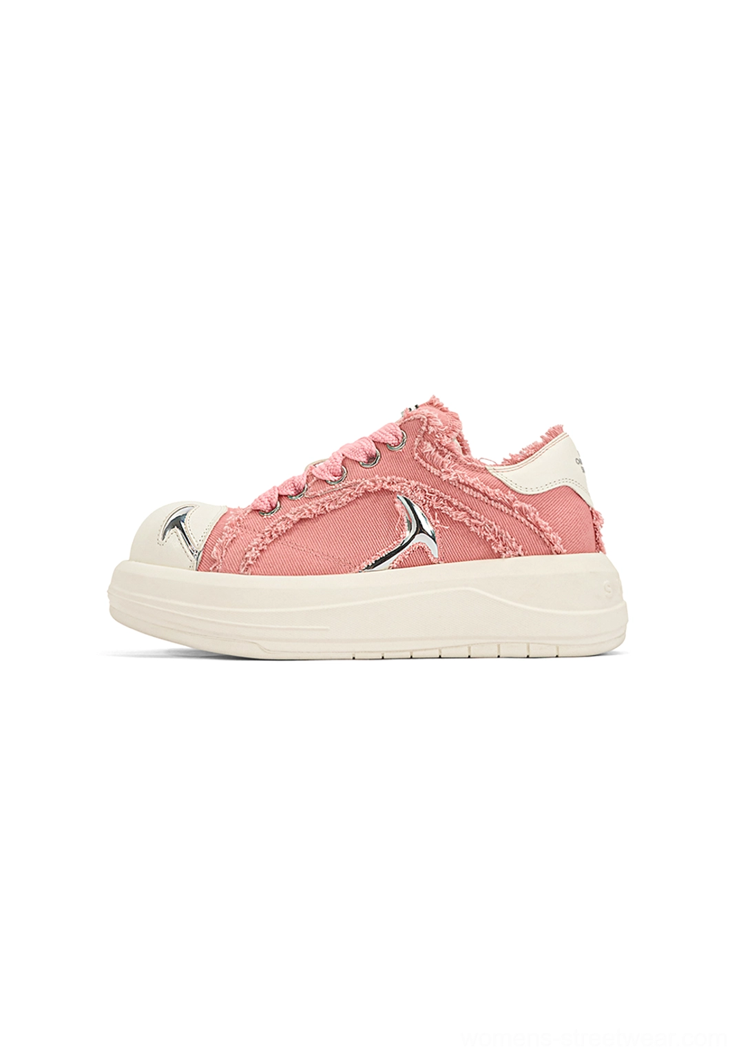 Pink canvas platform skate sneakers shown from the side on a white background with frayed upper, white rubber toe cap, thick platform sole, and silver side accent