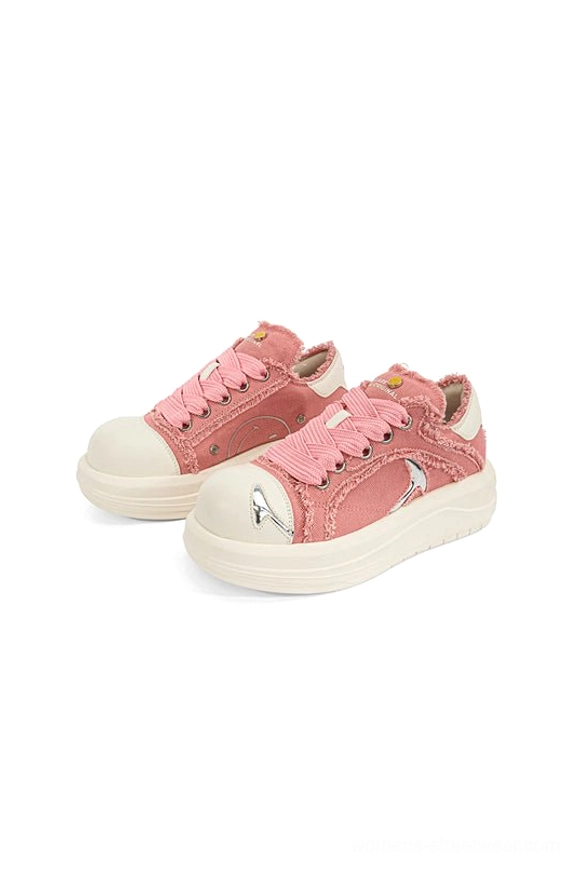 Pink canvas platform skate sneakers product image featuring a chunky white platform sole and Y2K Korean streetwear styling
