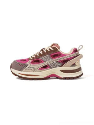 Pink color-block chunky platform running sneaker with hollowed upper and thick anti-slip outsole for Y2K streetwear