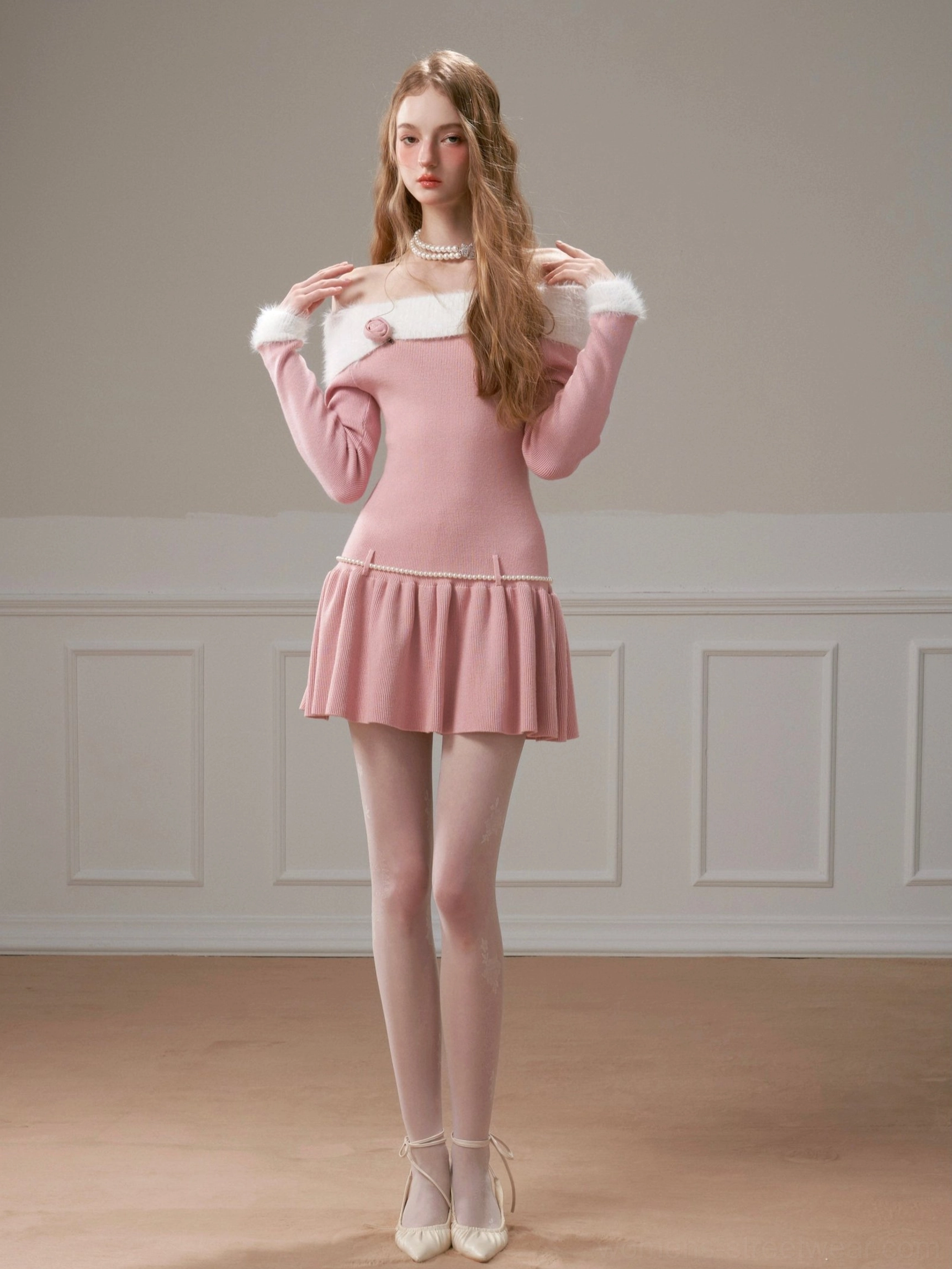 Pink coquette off-shoulder knit skater dress with white fuzzy neckline and cuffs, floral embellishment, pearl waist, and flared mini skirt