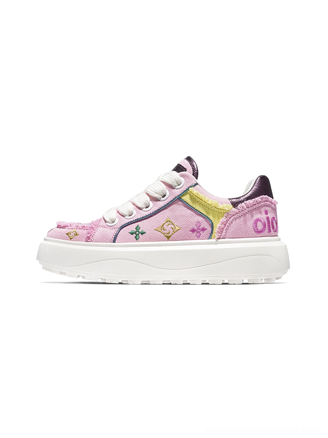 Pink embossed platform skate sneakers with textured graphic panels frayed edges lace-up front and thick white sole