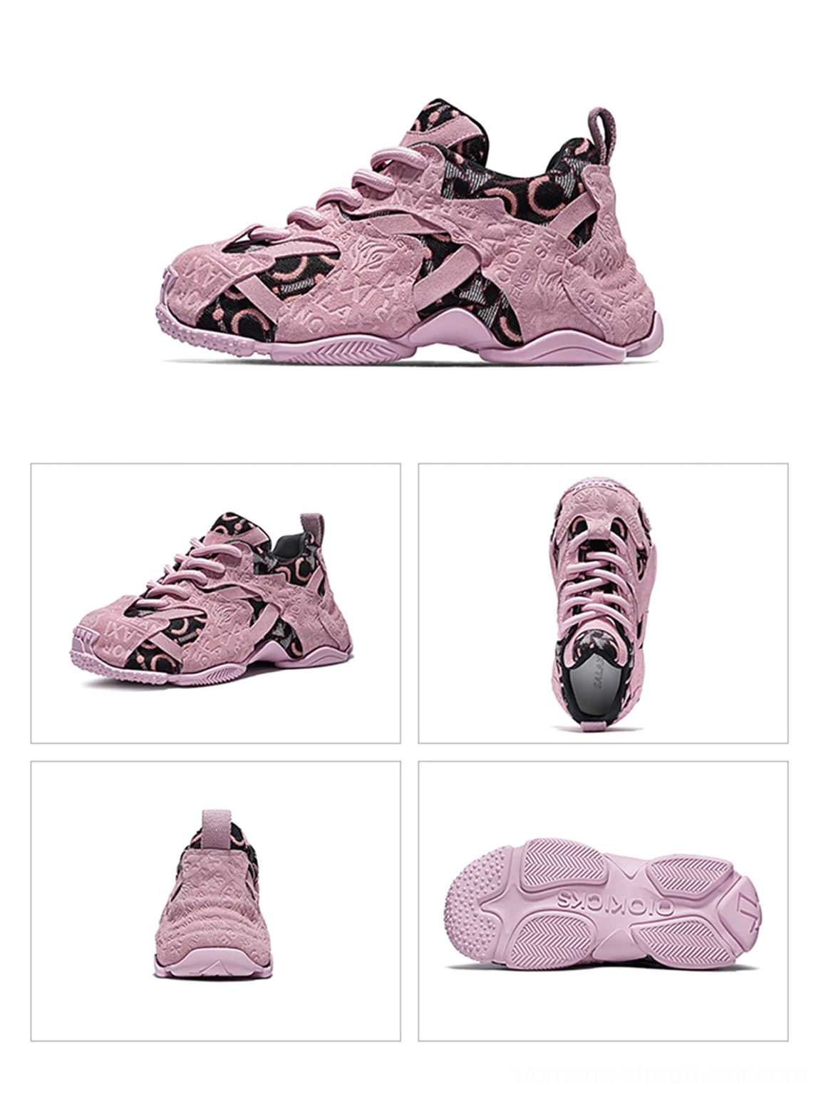 Multi-angle product display of pink embroidered chunky dad sneakers showing side, front, rear and outsole views with layered platform construction