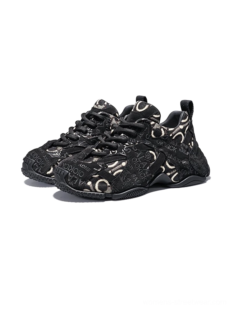 Pink embroidered chunky dad sneakers product detail view featuring tonal patterned upper, sculpted cage panels and oversized Y2K platform sole