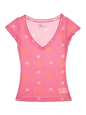 Pink floral deep V-neck graphic T-shirt flat lay showing white and orange hibiscus print, contrast trim, and hem tag