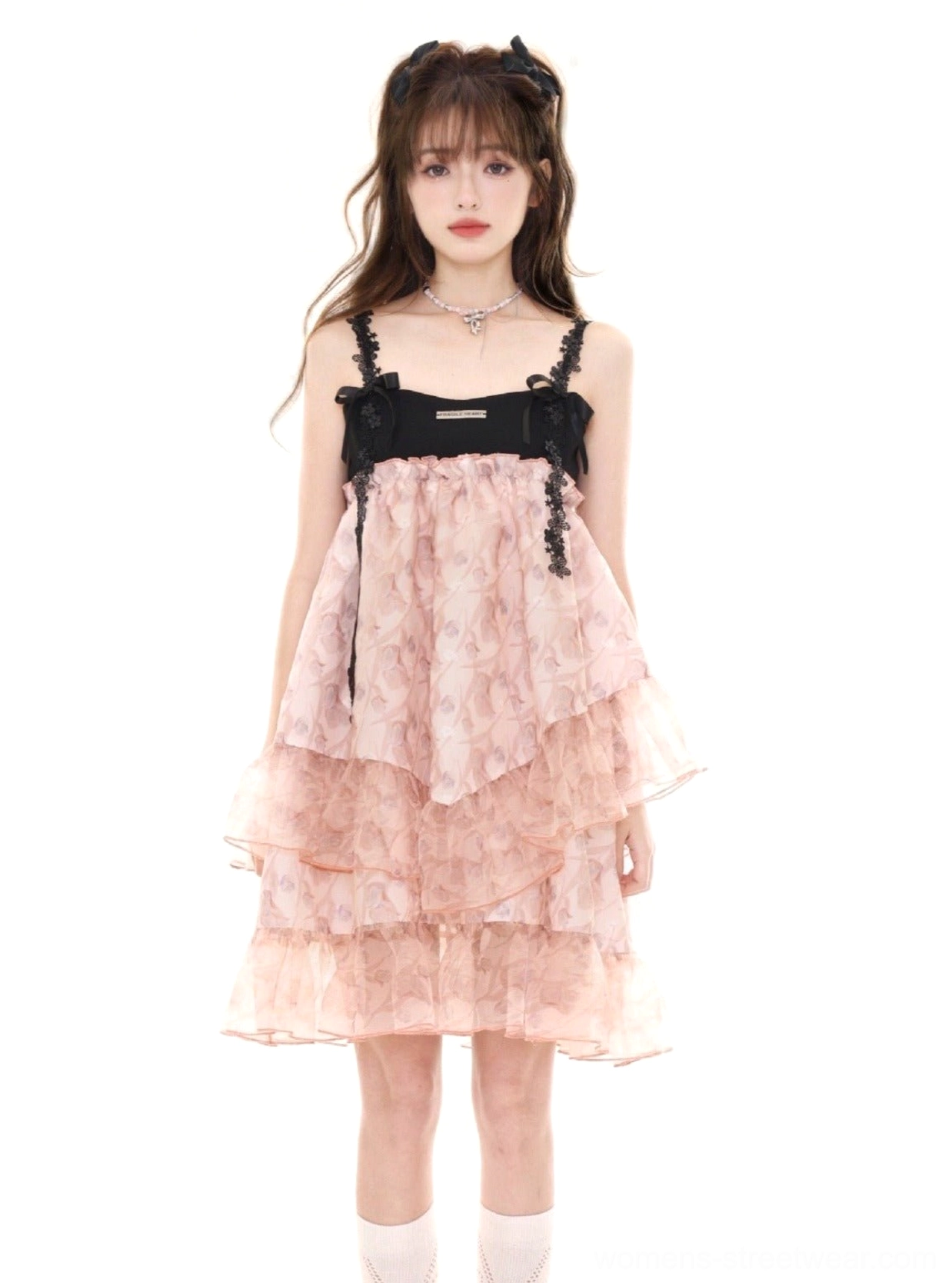 Pink floral layered tulle slip dress with bow decorated bust and romantic Lolita streetwear styling