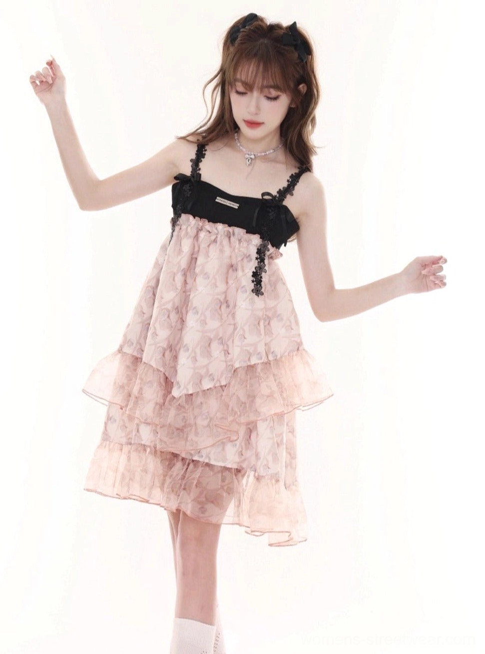 Pink floral layered tulle slip dress romantic Lolita streetwear fashion product view