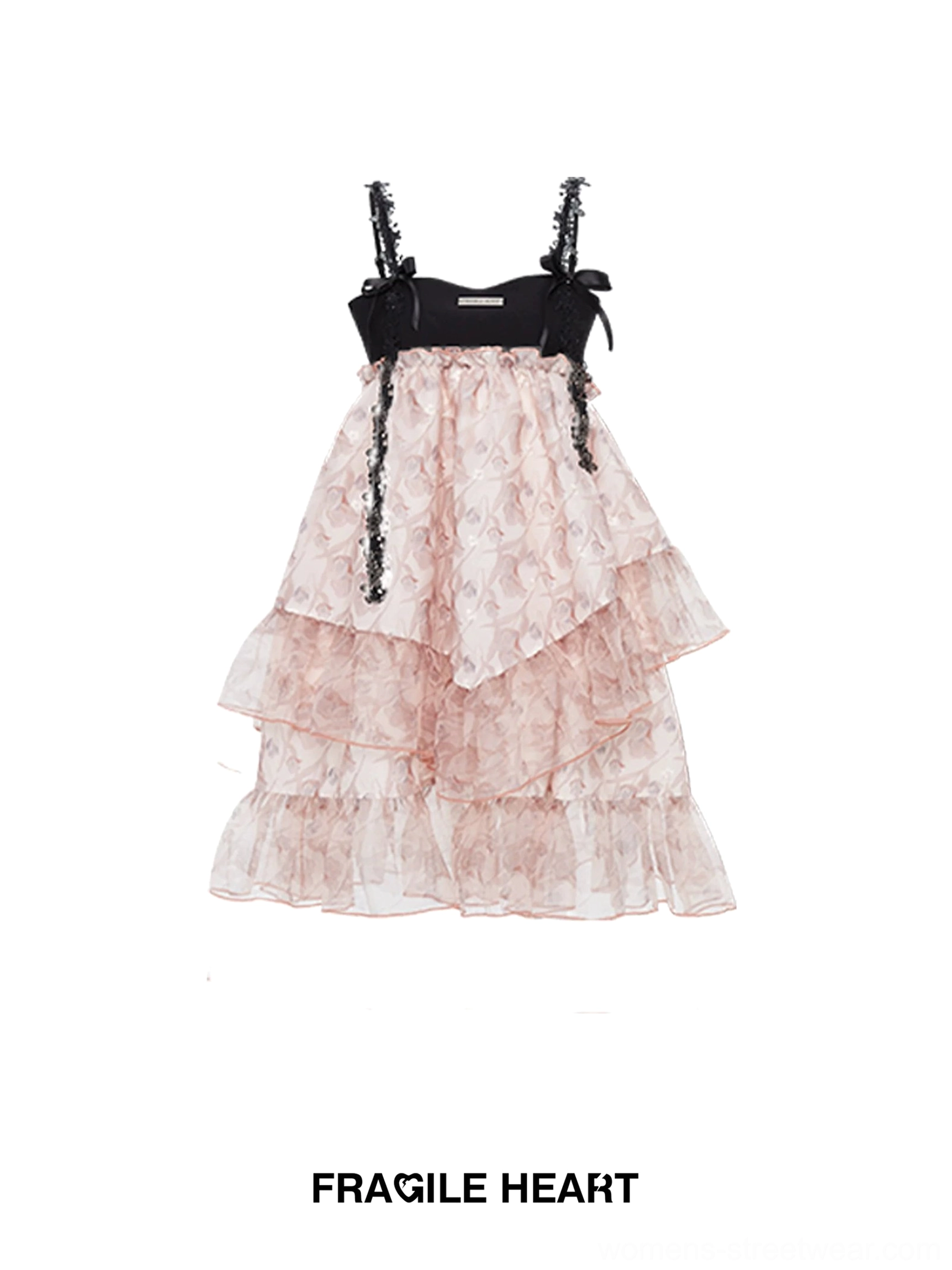 Pink floral Lolita inspired slip dress with tiered tulle skirt for romantic streetwear outfits