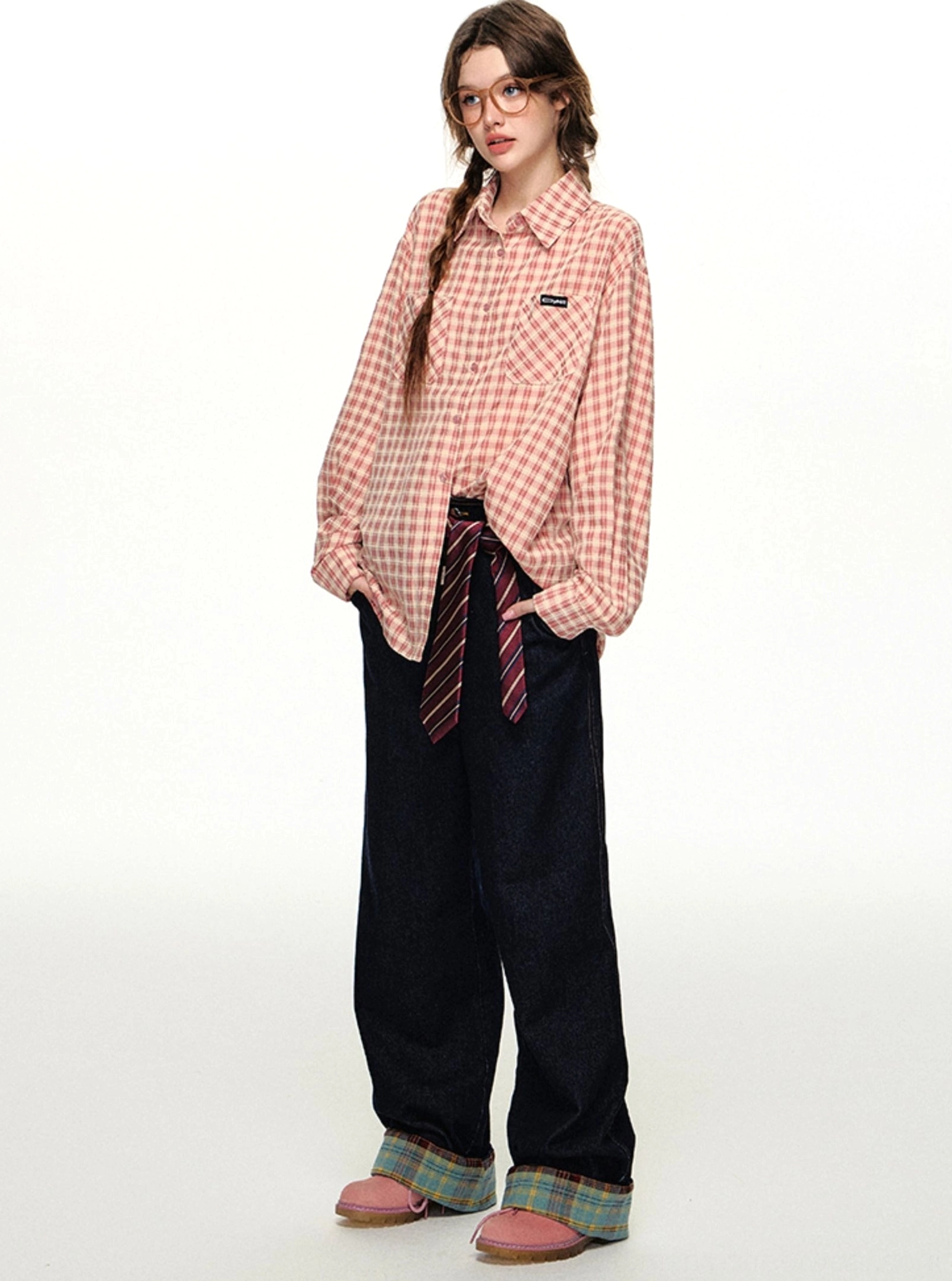 Pink gingham Korean streetwear shirt detail image showing the neat check pattern and oversized boyfriend silhouette
