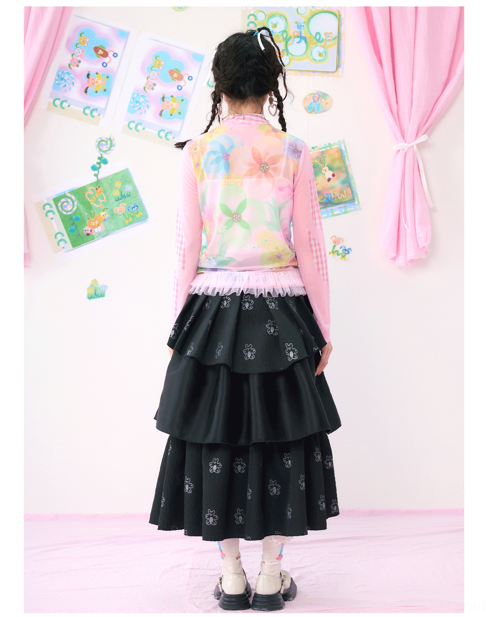 Back view of pink gingham long sleeve tulle hem top with dreamy floral gradient graphic print