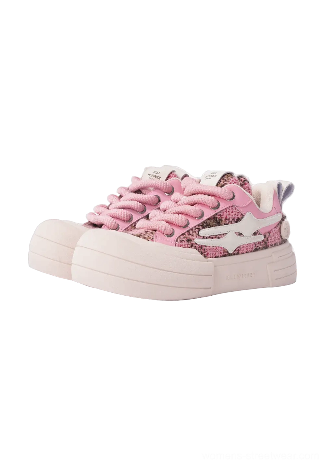 Pair of matching pink glitter platform sneakers shown from the front three-quarter angle with textured upper and thick sole