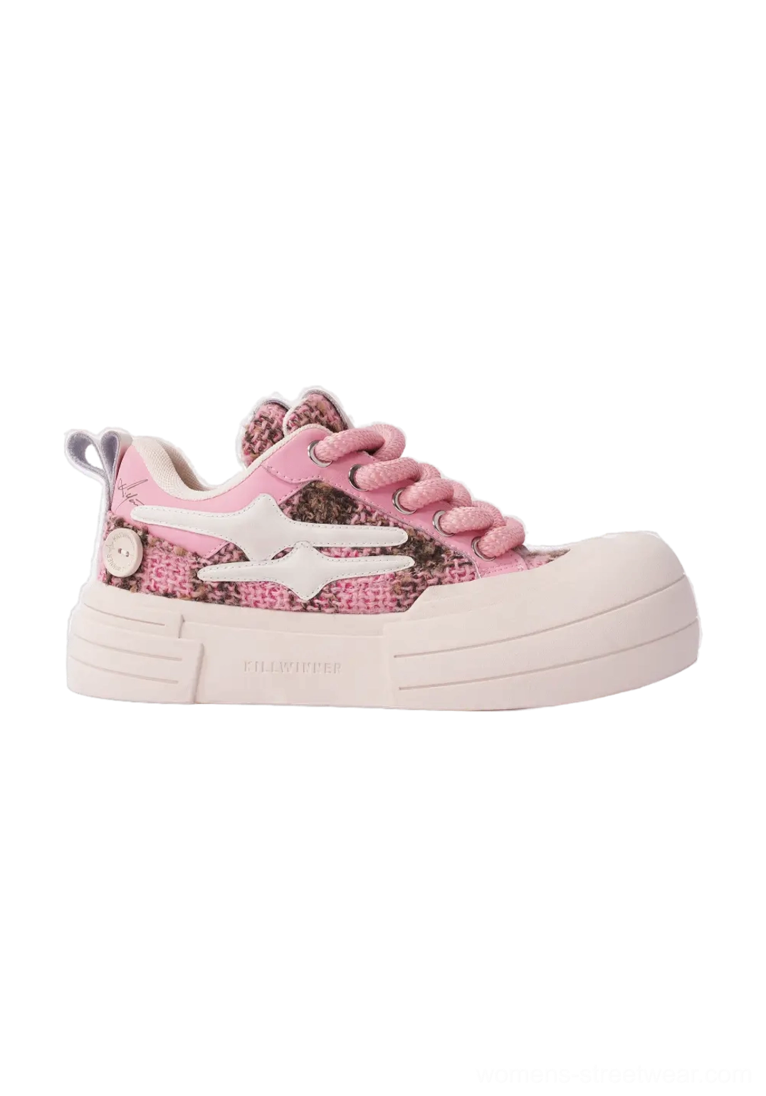 Pink glitter platform sneaker right side profile showing woven upper star patch and chunky light pink platform sole