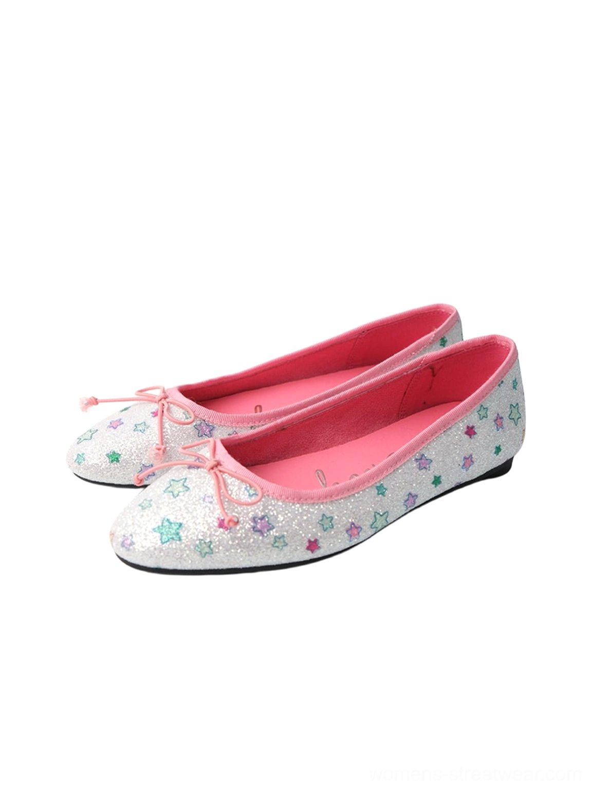 Pink glitter star print bow ballet flats with pink insole, light pink trim, colorful stars, and toe bows