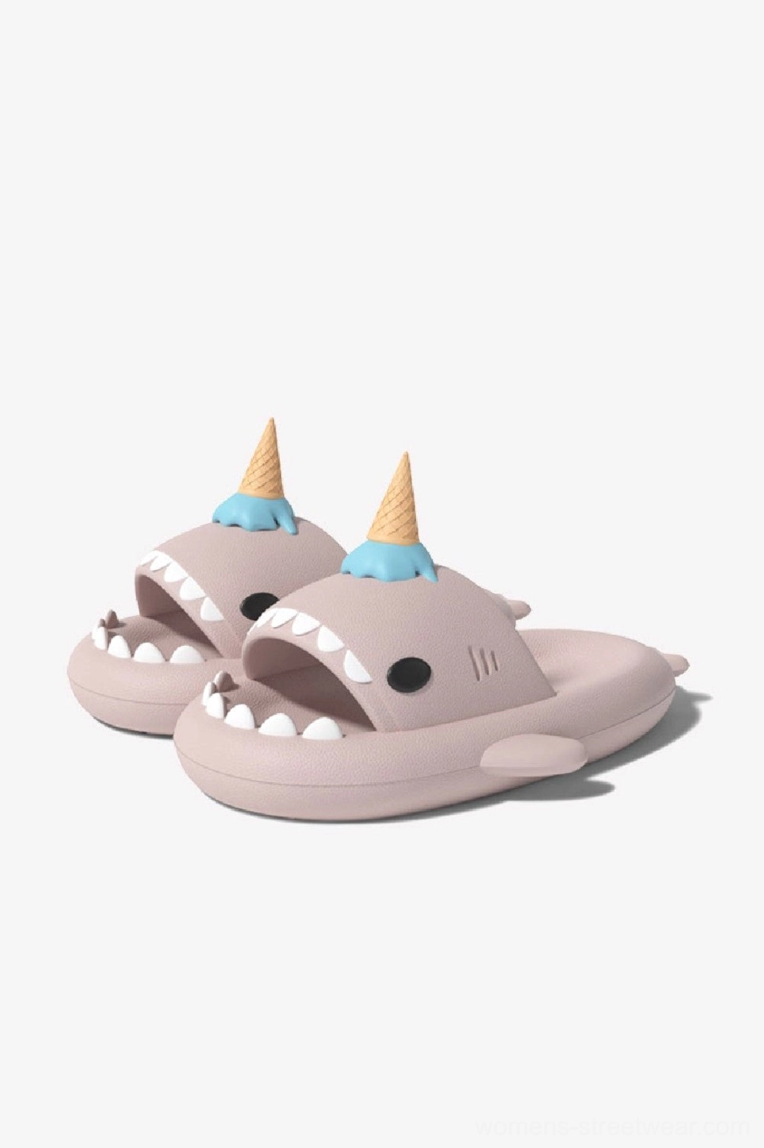 Pink ice cream shark slide slippers with cute character styling and thick EVA sole