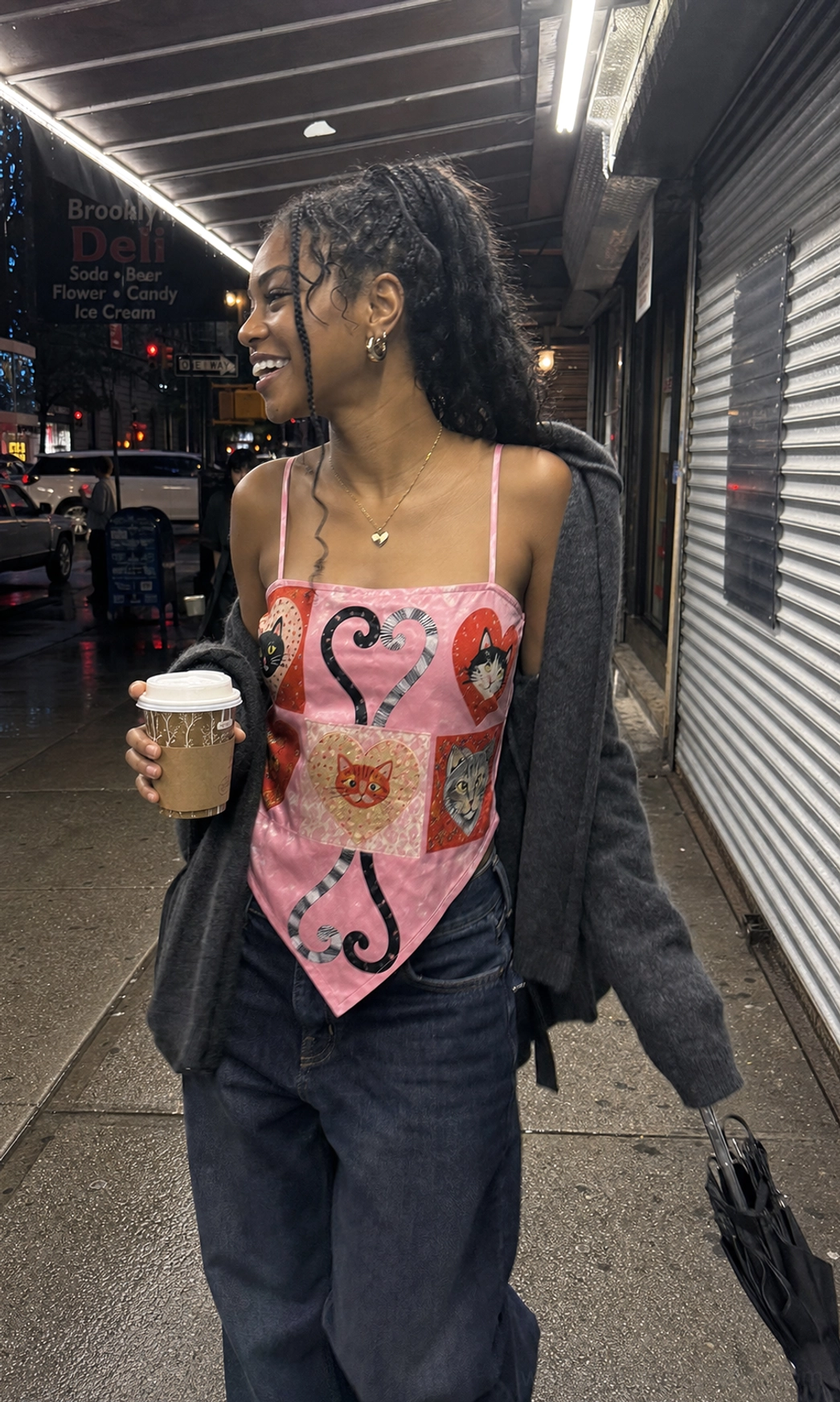 Pink kitten heart patchwork scarf hem cami top close fashion showcase view