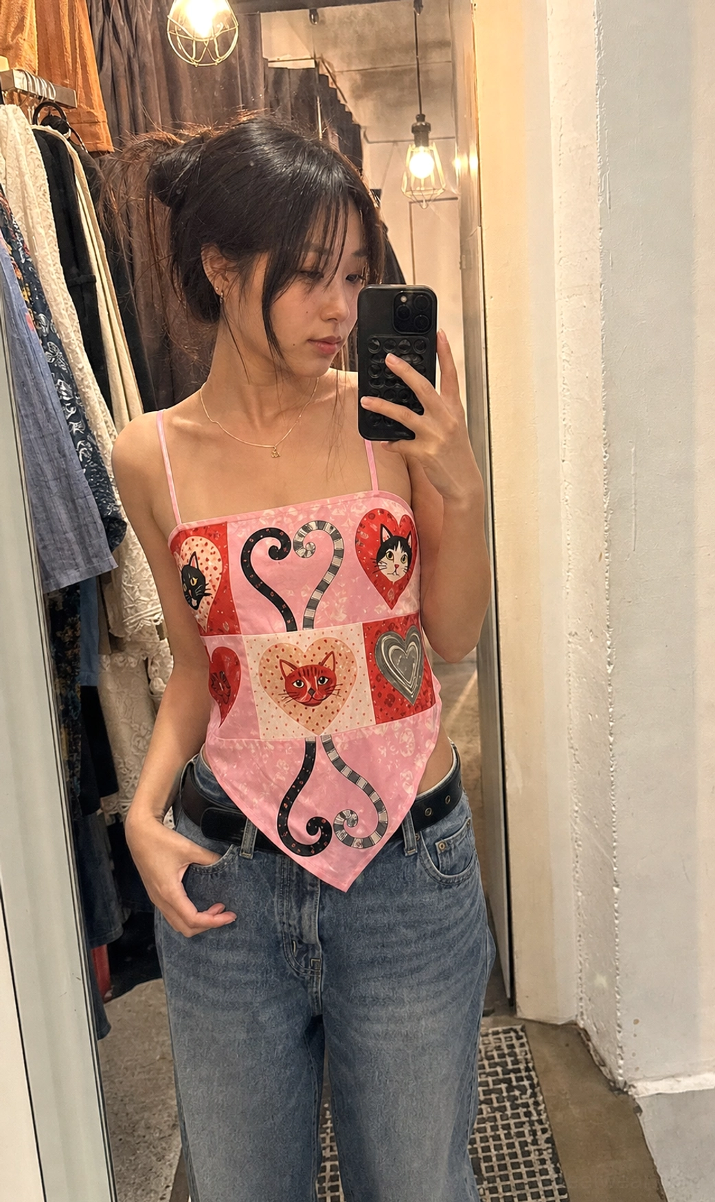 Pink kitten heart patchwork scarf hem cami top fashion showcase front angle