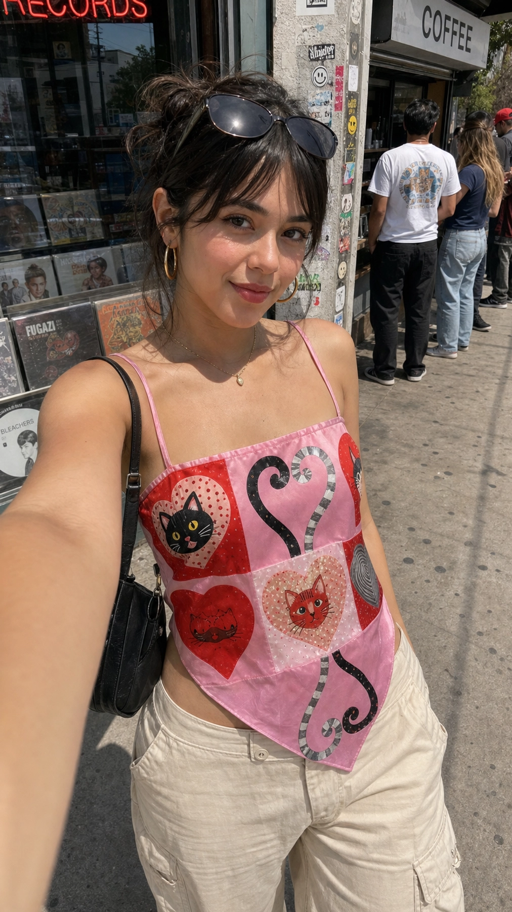 Pink kitten heart patchwork scarf hem cami top fashion showcase rear tie back angle