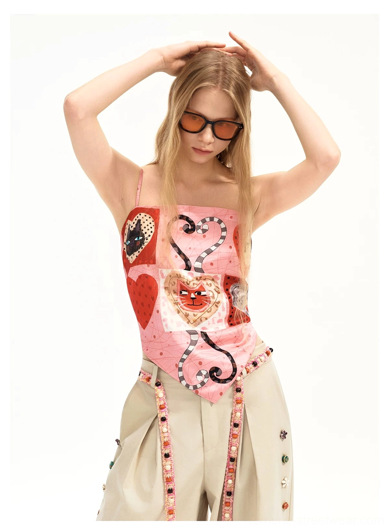Pink kitten heart patchwork scarf hem cami top front view with square neckline and spaghetti straps