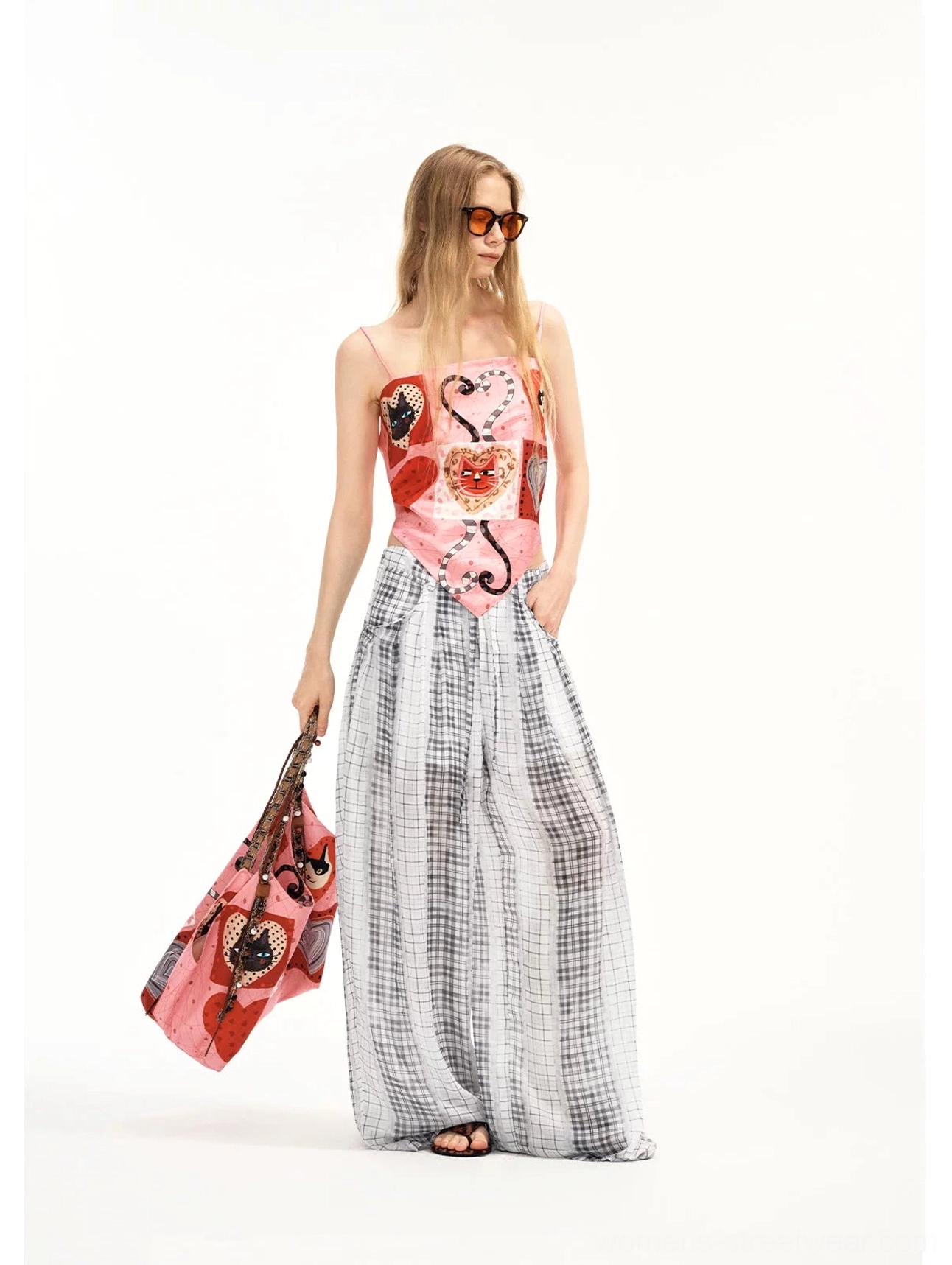 Pink kitten heart patchwork scarf hem cami top paired with grey plaid wide leg pants