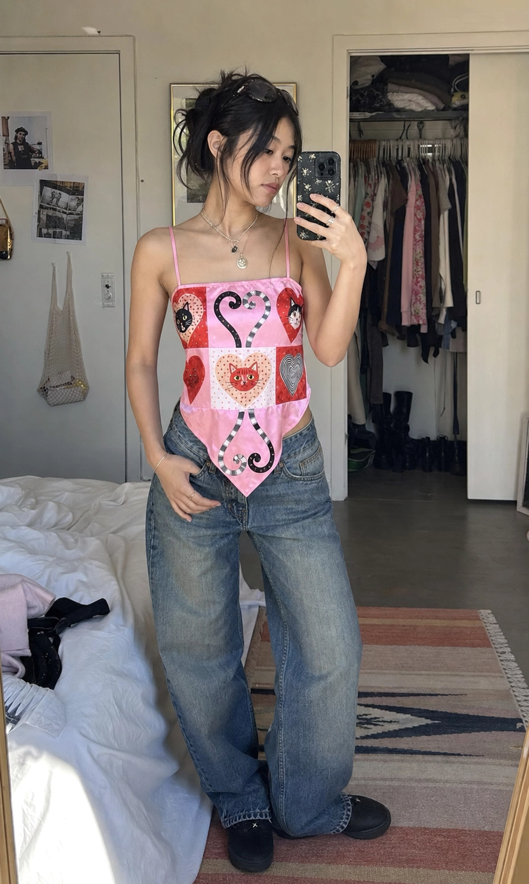 Pink kitten heart patchwork scarf hem cami top Korean inspired Y2K style showcase