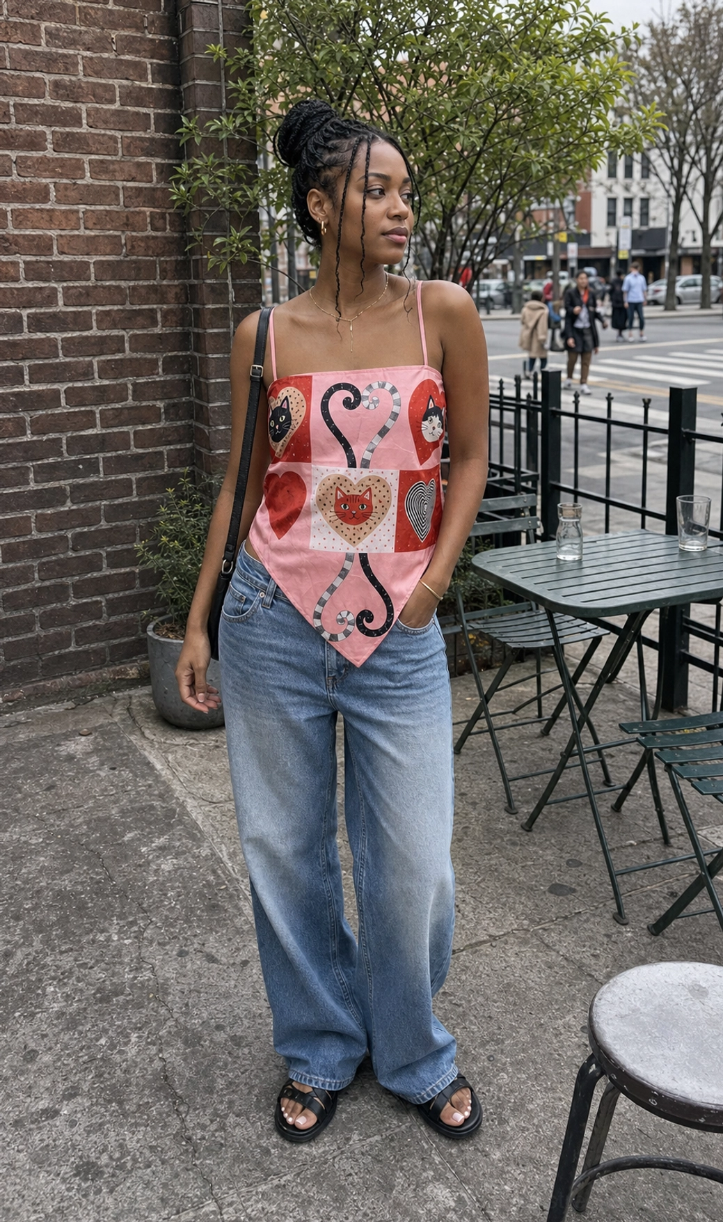 Pink kitten heart patchwork scarf hem cami top showcase open back detail