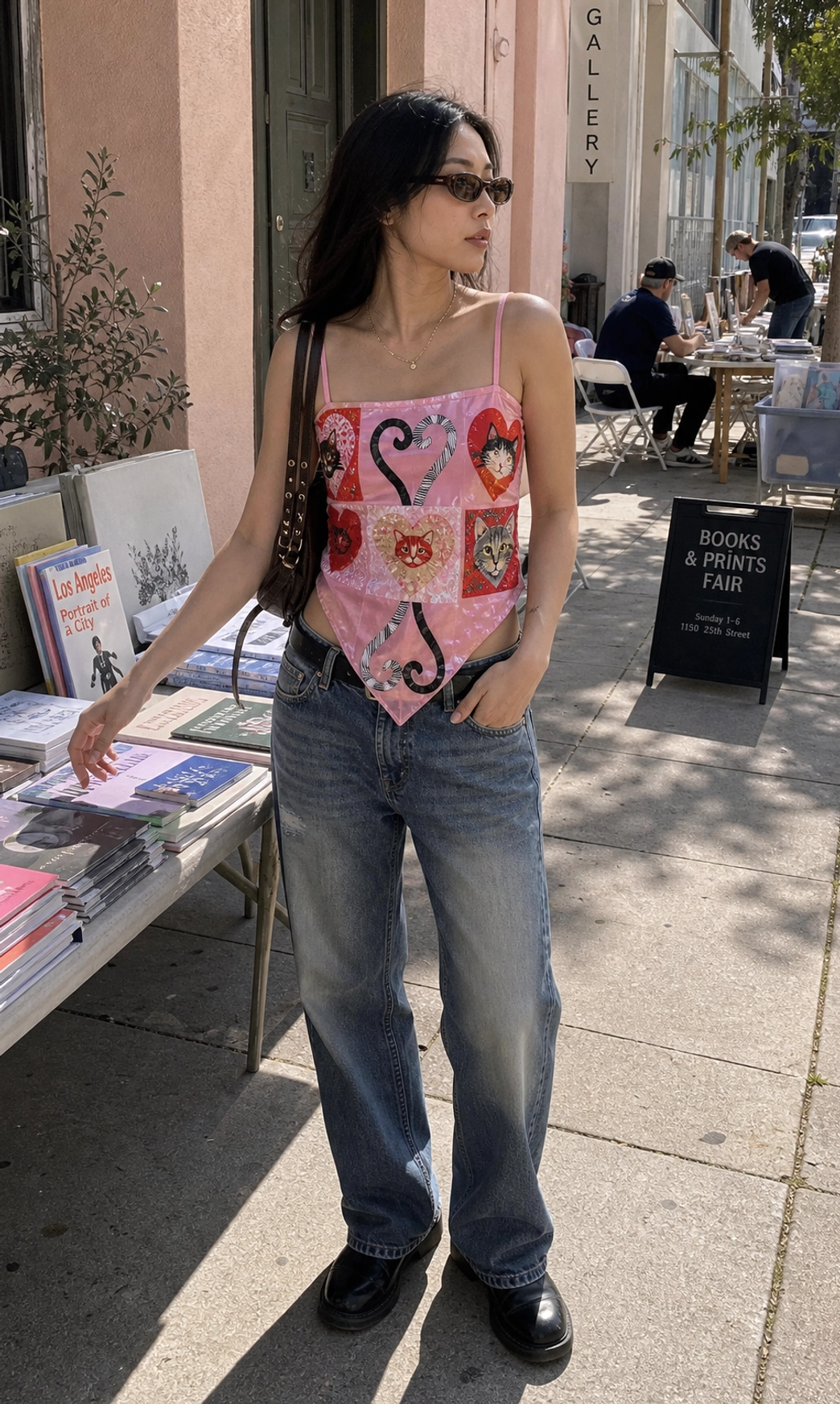 Pink kitten heart patchwork scarf hem cami top showcase with candy heart print detail
