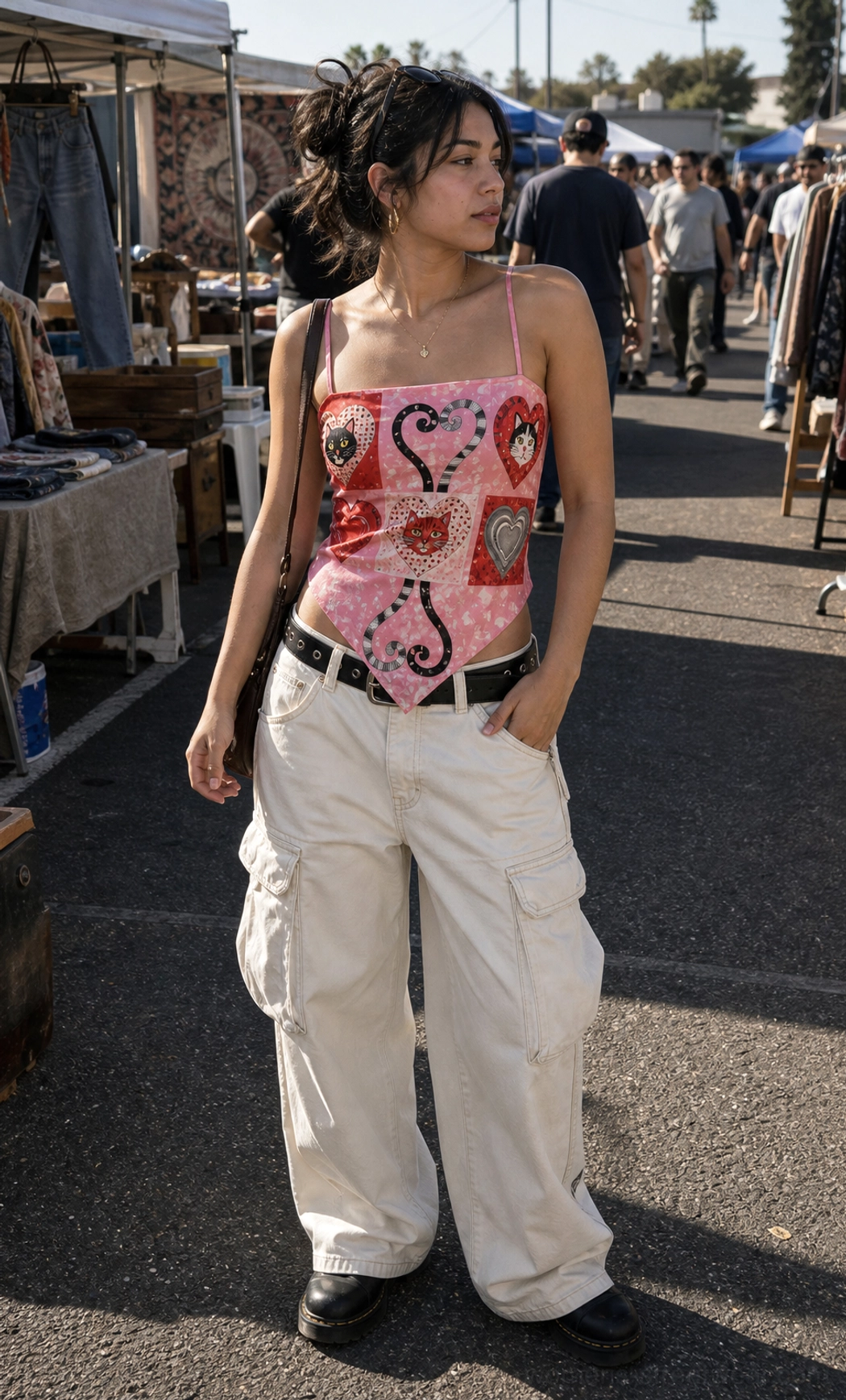 Pink kitten heart patchwork scarf hem cami top showcase with Y2K wide leg styling