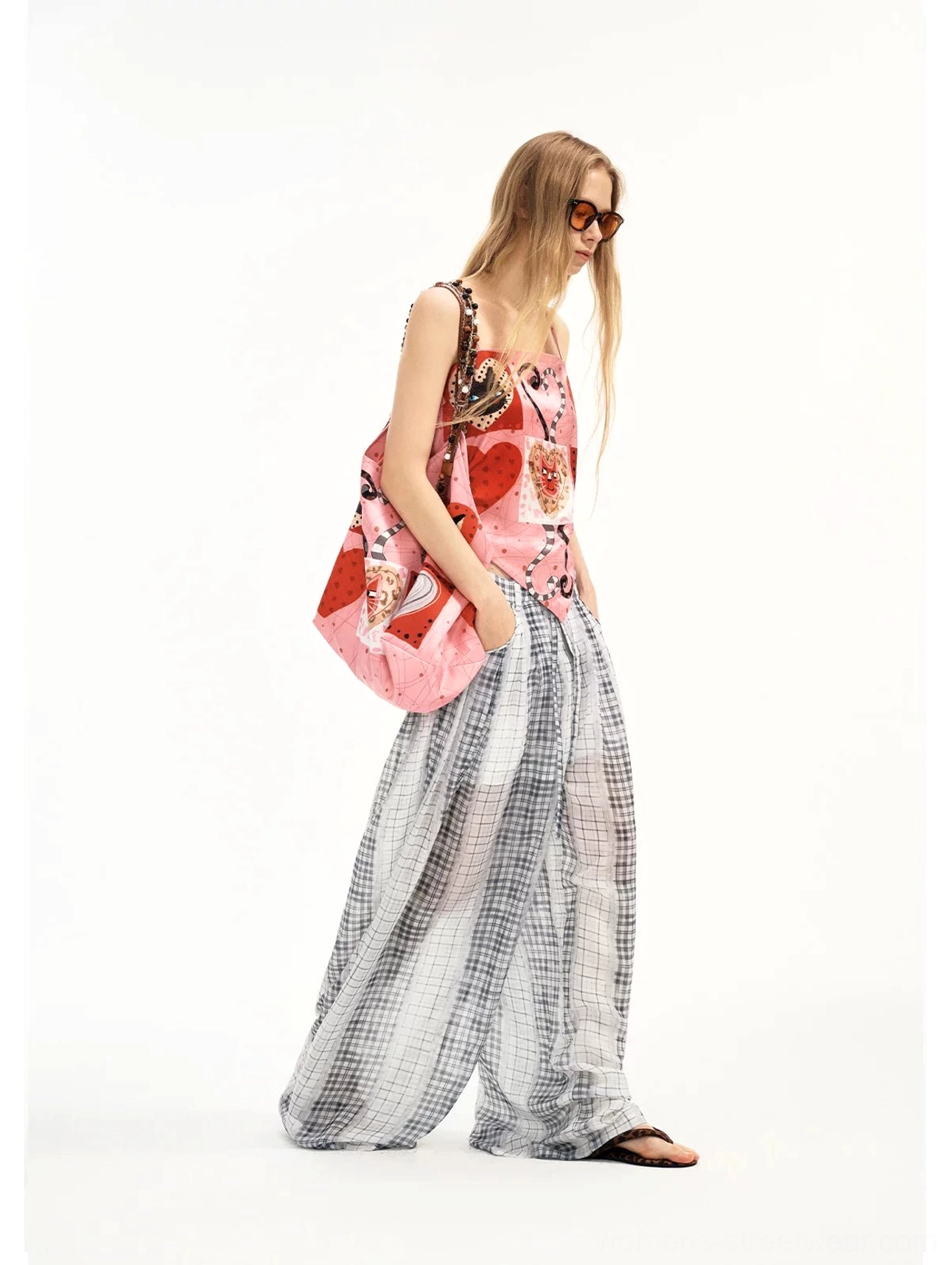 Side view of pink kitten heart patchwork scarf hem cami top with pointed handkerchief hem