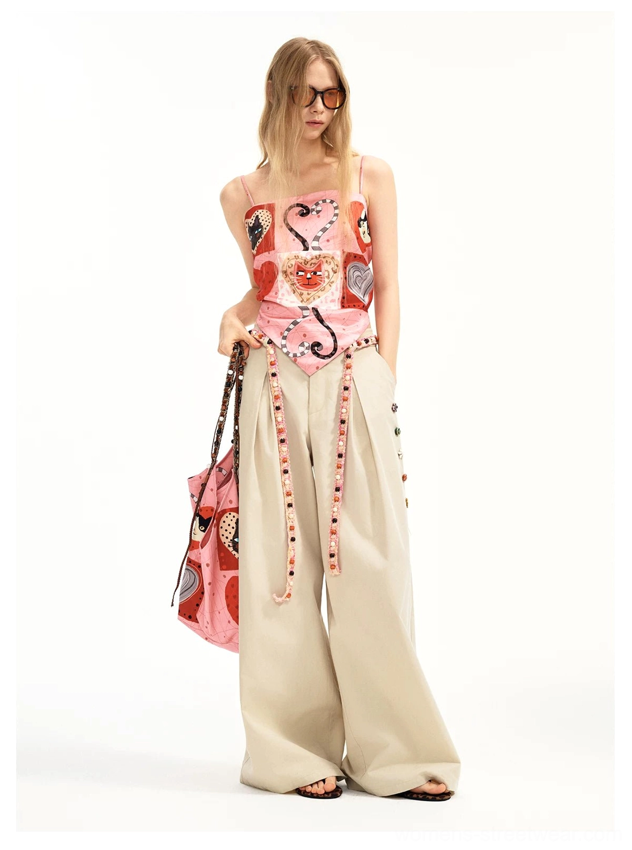 Pink kitten heart patchwork scarf hem cami top streetwear outfit with wide leg pants