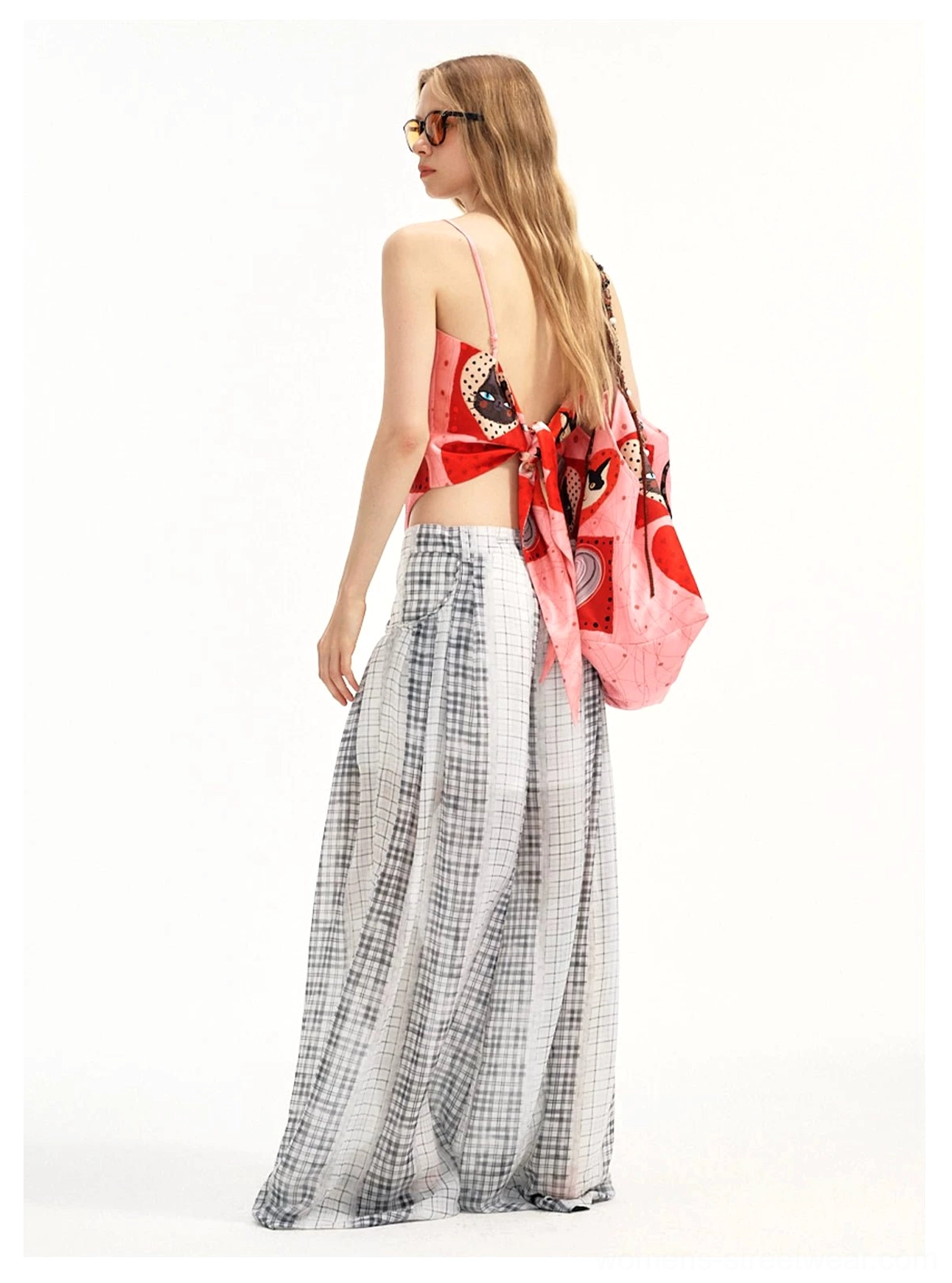 Pink kitten heart patchwork scarf hem cami top Y2K streetwear product view