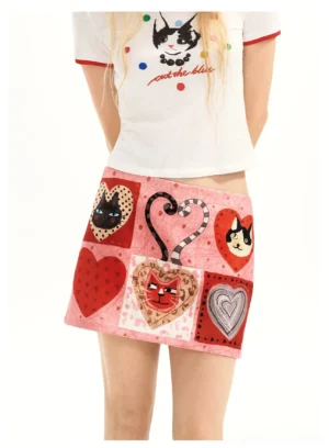 Front close-up of a pink kitty heart patchwork mini skirt with cartoon cat and candy heart graphics styled with a matching cropped top