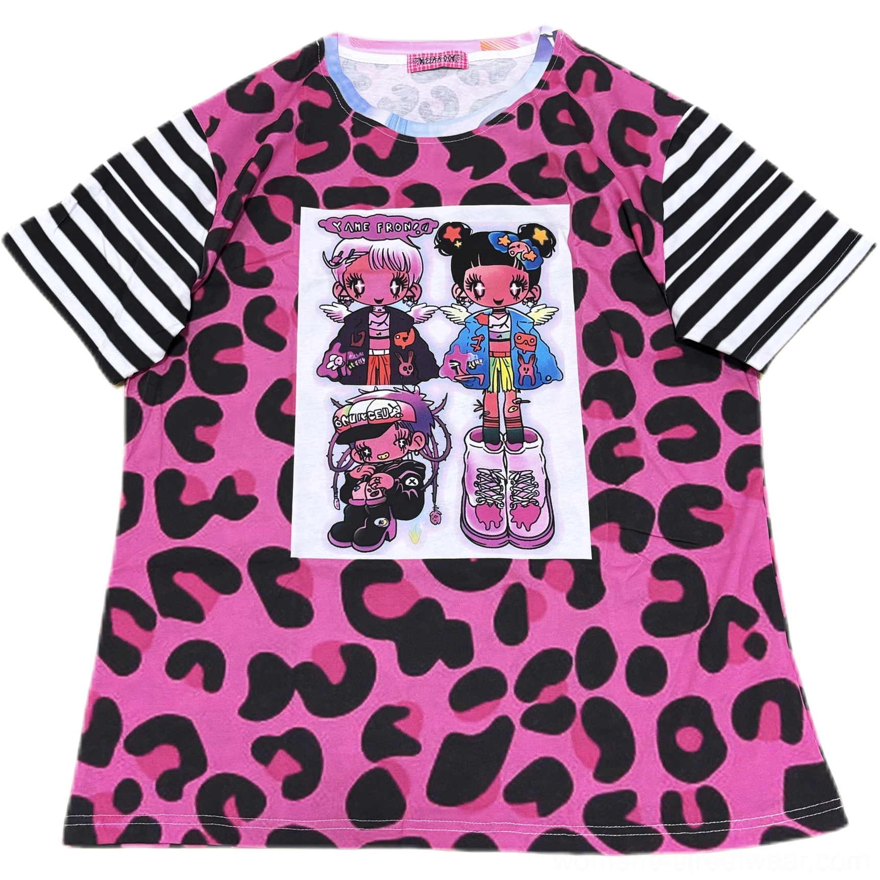 Pink leopard anime character graphic oversized cotton t-shirt with black and white striped sleeves flat product front view