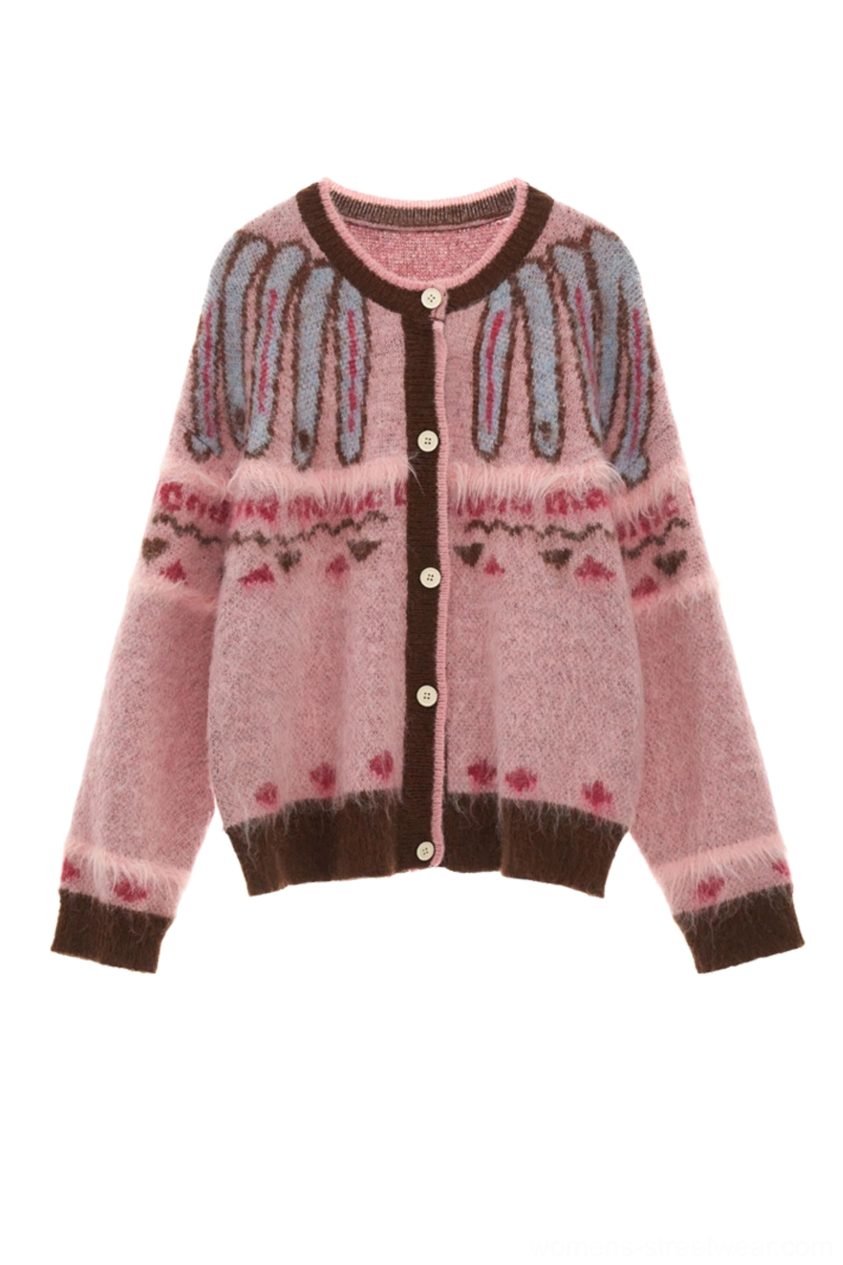 Flat lay front product view of pink mohair Fair Isle heart knit cardigan with round neck and button front