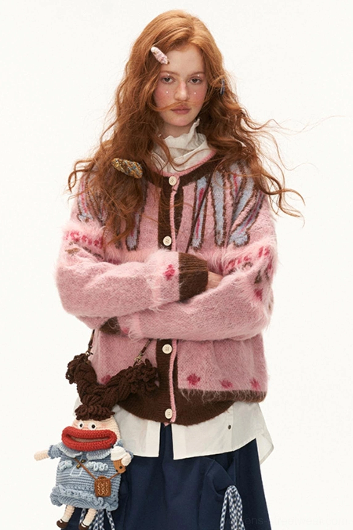 Pink mohair Fair Isle heart knit cardigan front view with brown contrast trim and button closure