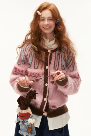 Pink mohair Fair Isle heart knit streetwear cardigan front view worn with navy skirt and knit crossbody bag