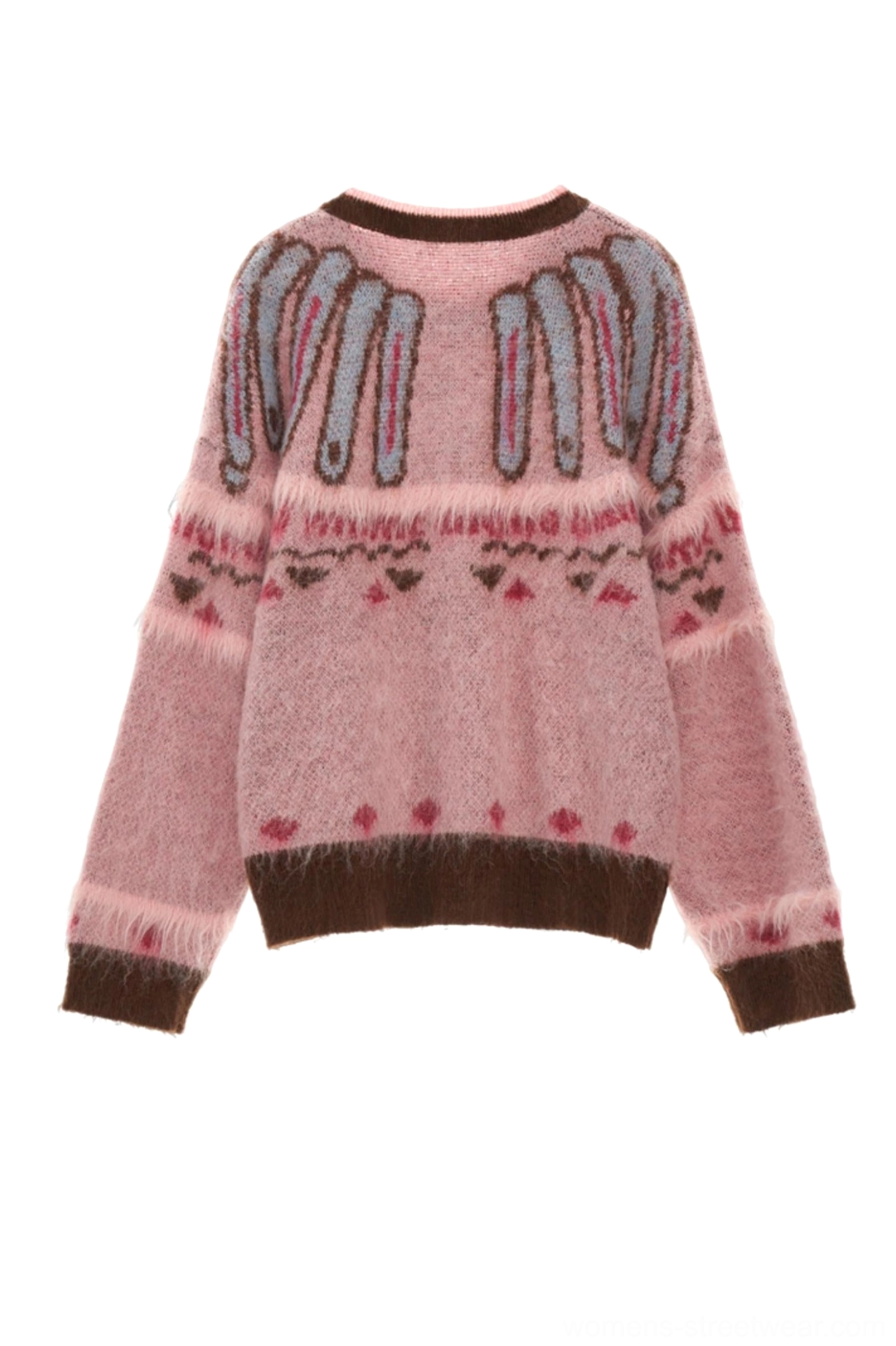 Pink mohair Fair Isle heart knit streetwear cardigan product image with fuzzy texture and contrast brown trim
