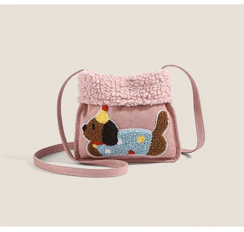 Pink party pup sherpa faux suede mini crossbody bag for cute winter streetwear styling