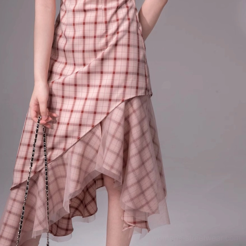 Pink plaid asymmetric flutter sleeve midi dress styled as a feminine Korean streetwear outfit