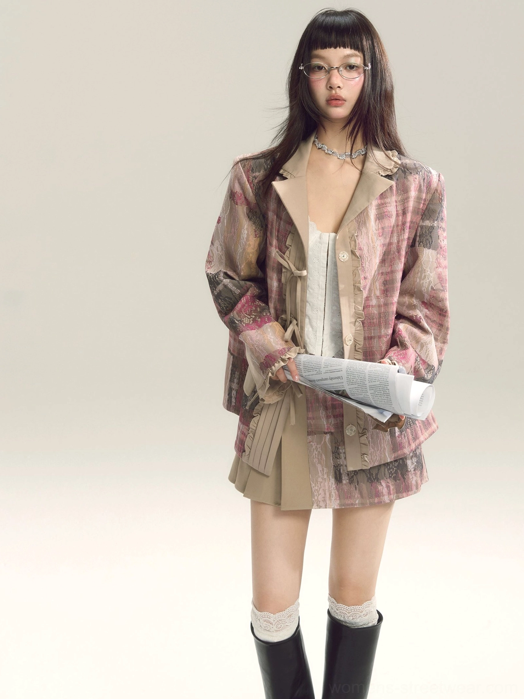 Pink plaid oversized blazer and pleated mini skirt fashion set with beige accents and vintage-inspired tartan texture