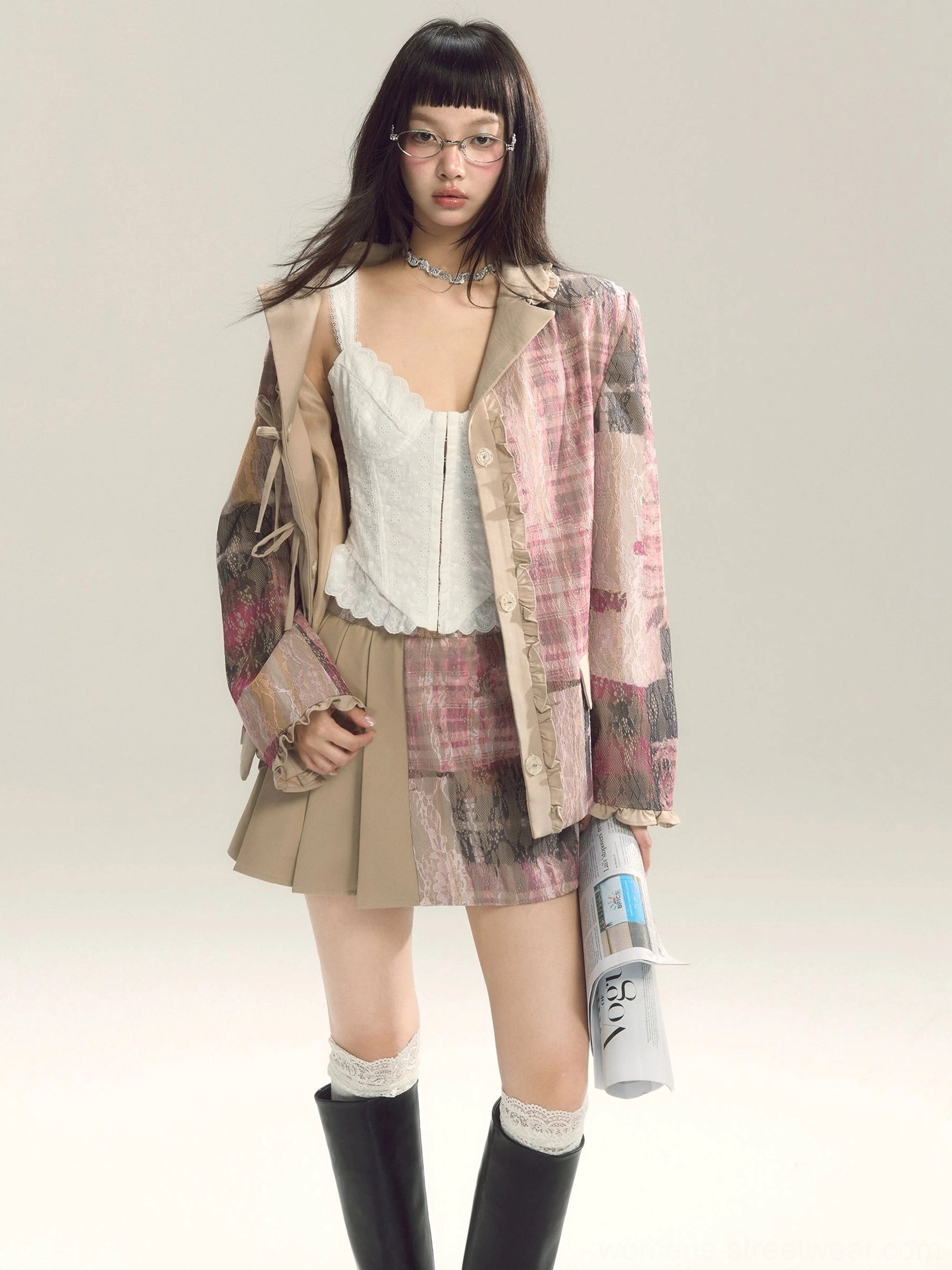 Pink plaid streetwear blazer and pleated mini skirt pairing designed for Seoul-inspired autumn layering