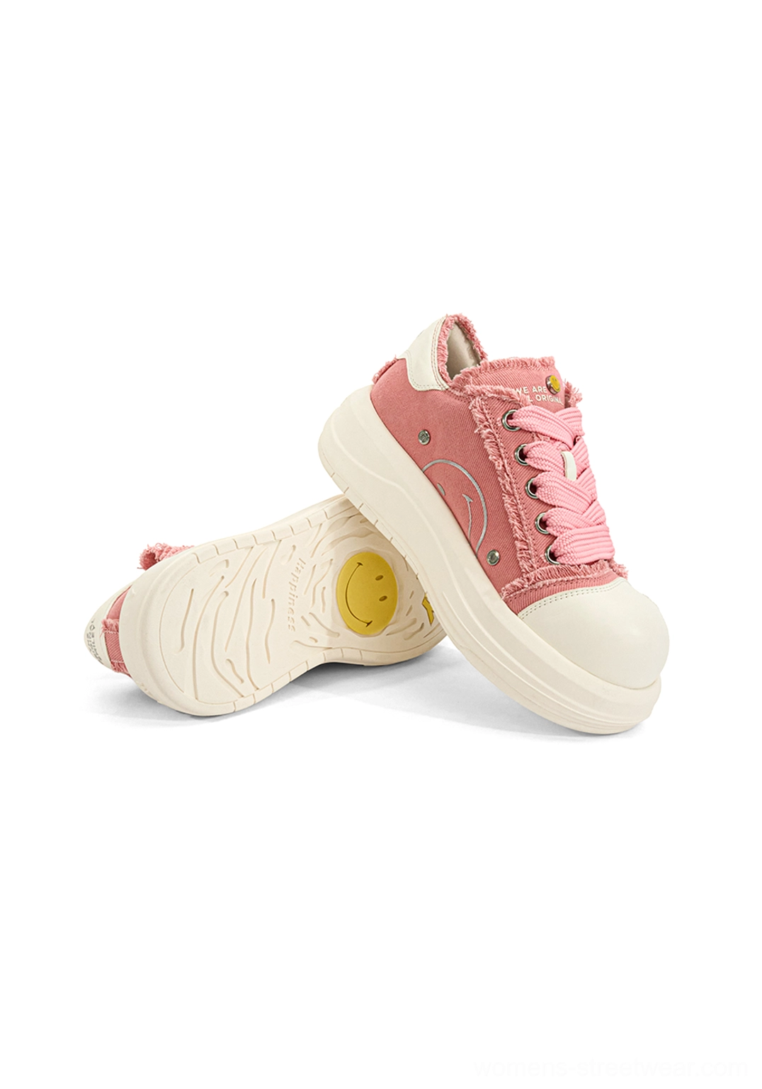 Pink platform skate sneakers product image with frayed canvas upper, white rubber details, silver side accent, and bold streetwear silhouette