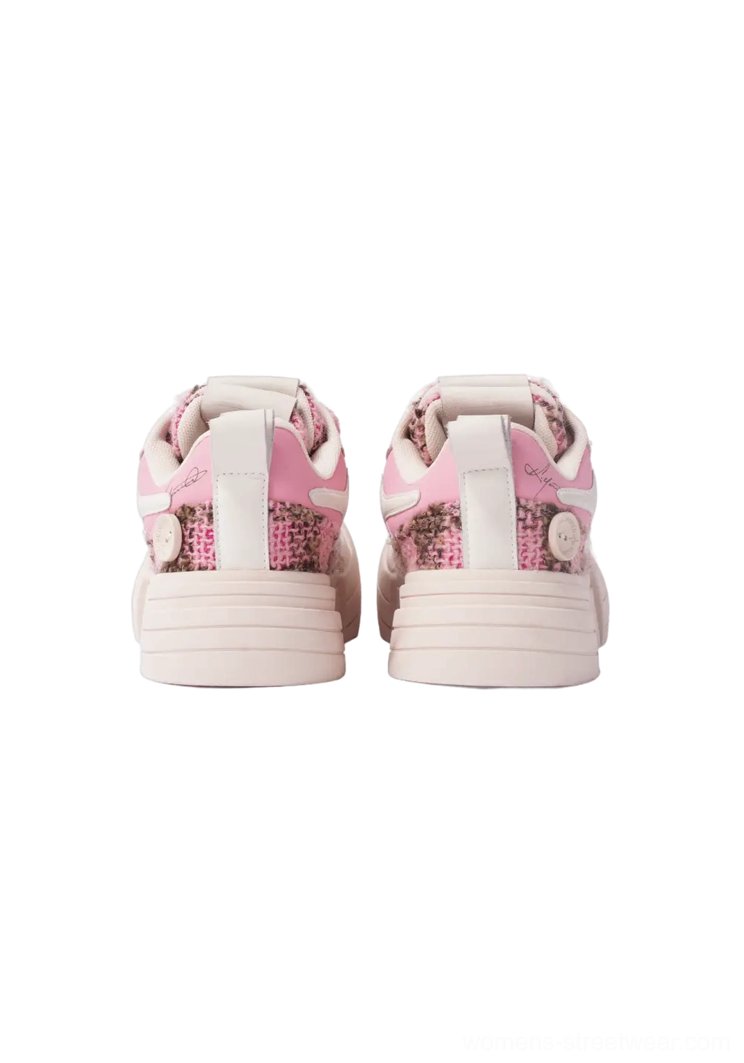 Direct rear view of pink platform sneakers highlighting the heel badge and unified thick light pink sole