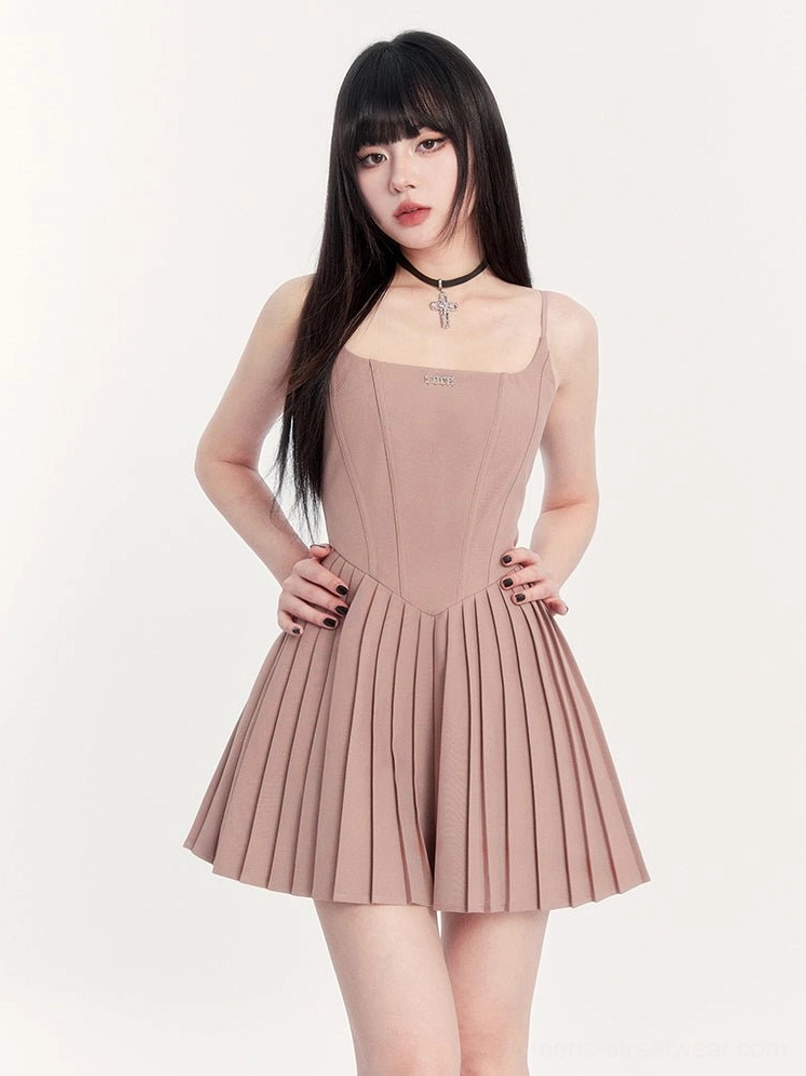 Pink pleated cami mini dress product image with fitted corset bodice and soft alternative Y2K fashion styling