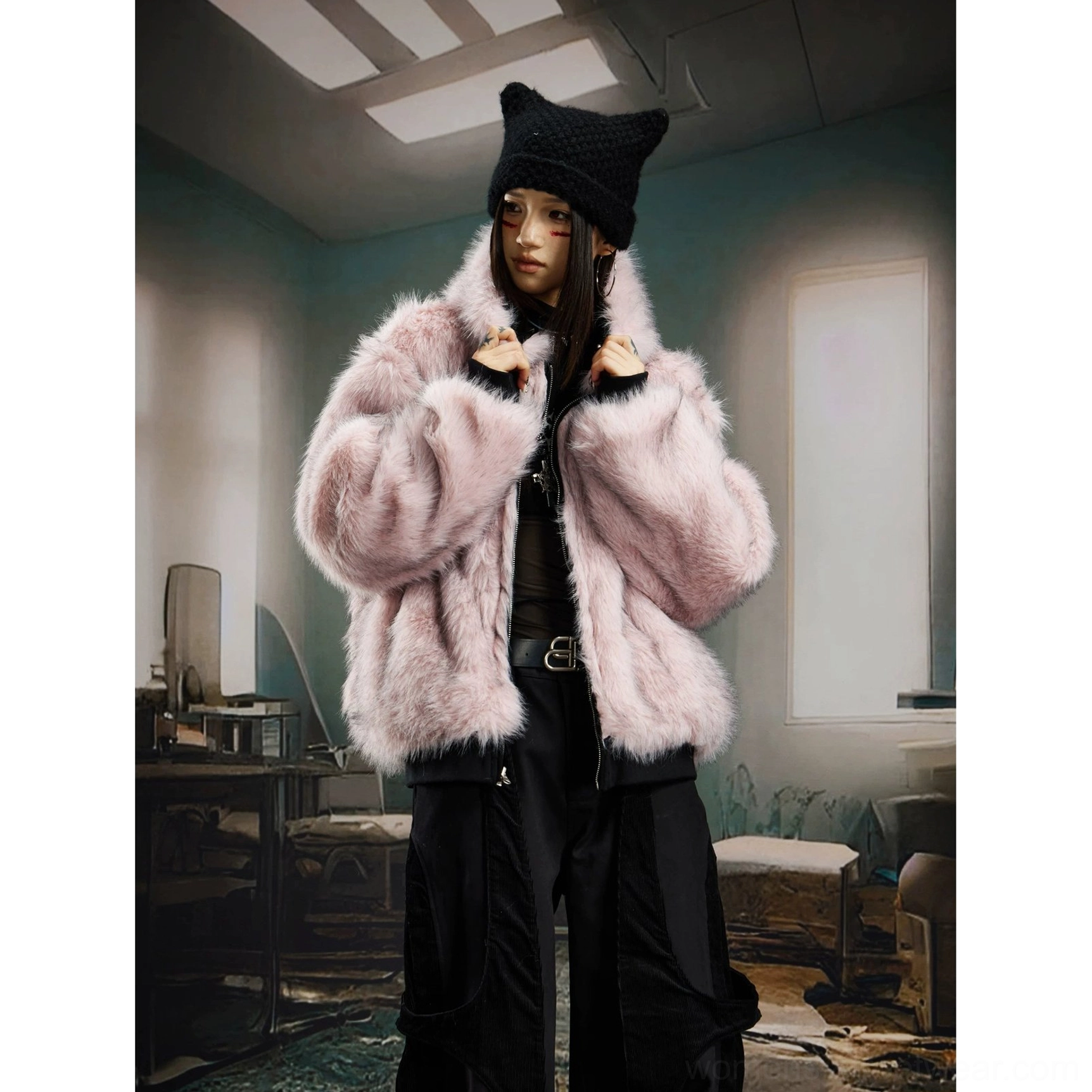 Pink reversible faux fur hooded bomber jacket color option with plush teddy texture and oversized fit