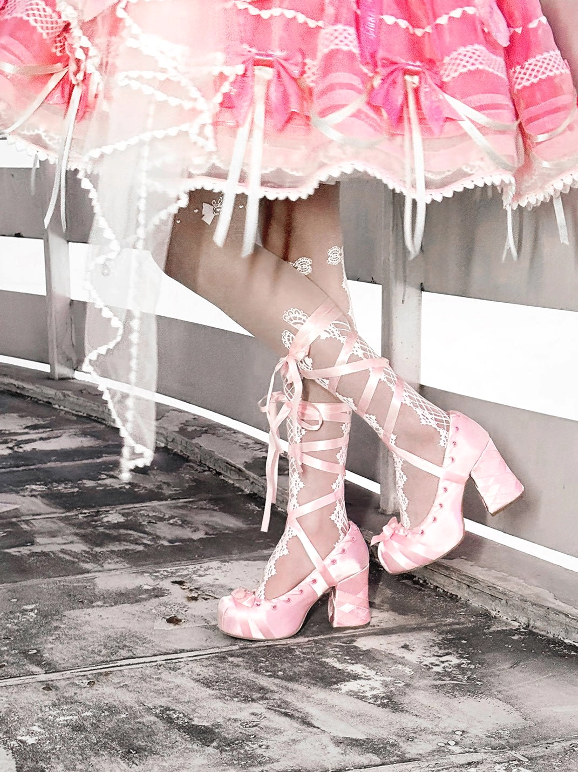 Pink satin ribbon lace-up platform pumps with bow toe accents, 9 cm heels, balletcore styling, and chunky block heel
