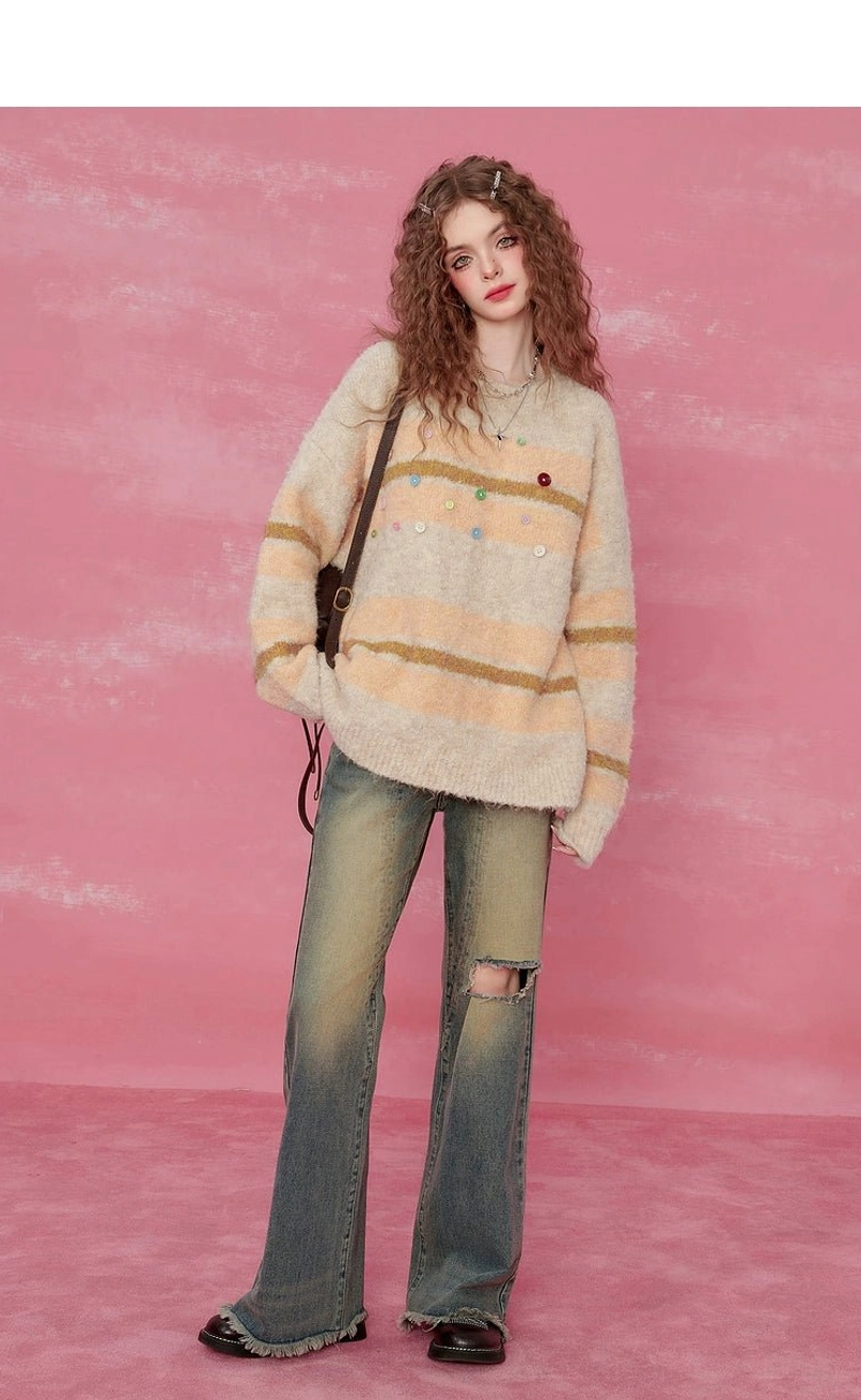 Pink striped fuzzy knit sweater pastel color-block knitwear for autumn and winter outfits