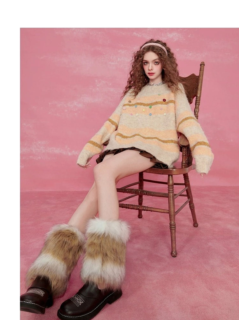 Pink striped fuzzy knit sweater soft cozy striped pullover with playful button embellishments